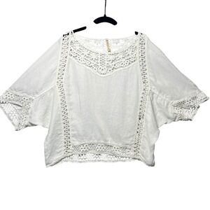 XCVI White Linen Crochet Lace Trim Boho Dolman Sleeve Top Size M